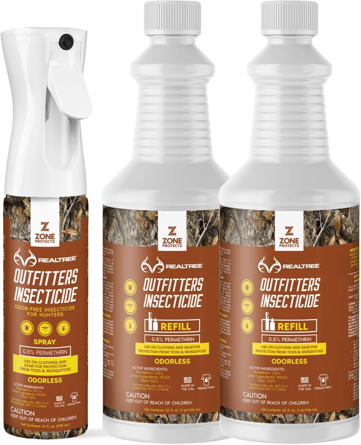 Zone Realtree Outfitters Big Hunter Permethrin Combo - 10oz Mistosol + Two 32oz Refills - 0.5% Permethrin Clothing and Gear Treatment - Kills Ticks Mosquitoes Chiggers; 40-Day 5-Wash Protection