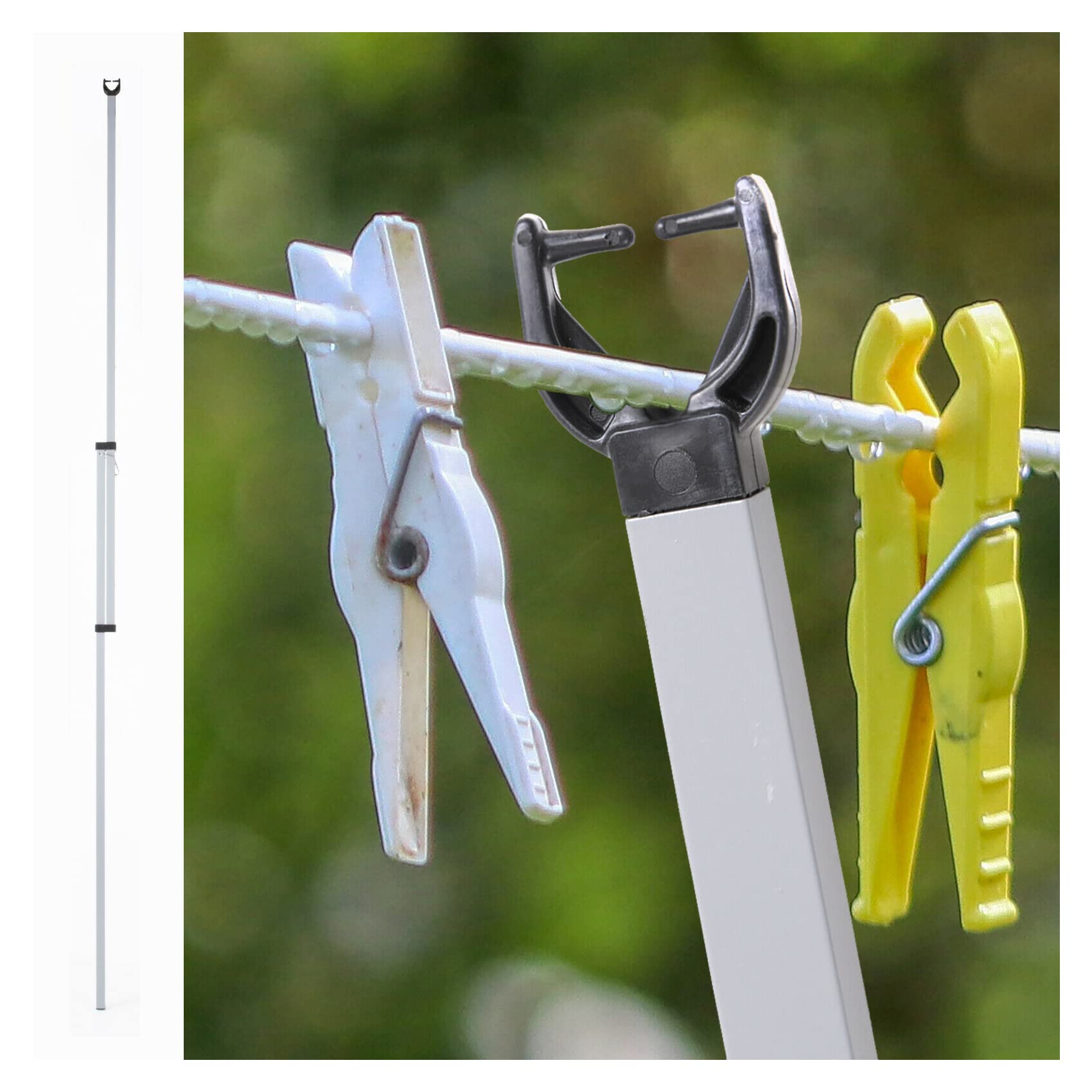 GREY Addiz Square Metal Prop For Washing Line, Galvanised Metal, Powder Coated, Outdoor Garden Extendable Telescopic Pole for Cloths Laundry Line Support (2-Pack)