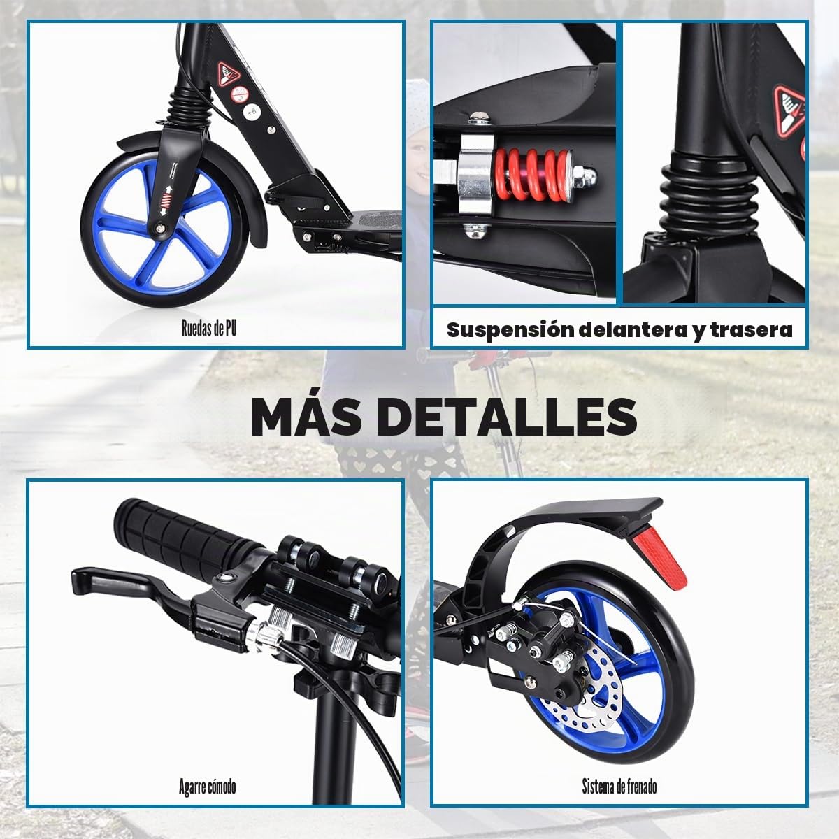 KOMFOTTEU Patinete Plegable con 2 Ruedas con Freno, Scooter con 3 Alturas Regulables, Patinete Infantil con Carga 100 kg, Monopatín con Timbre y Correa, para Niños 8+ y Adultos