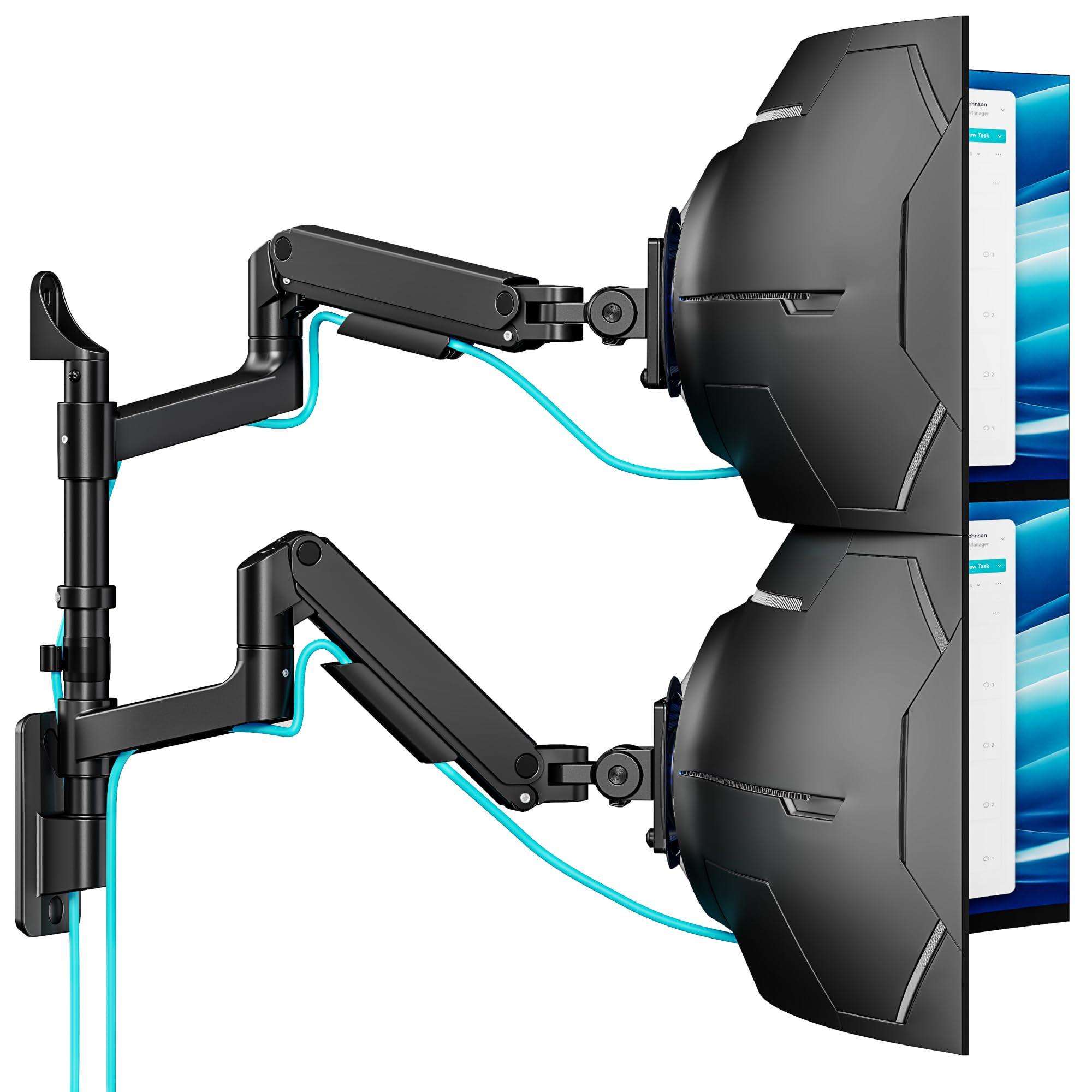 PEGZONE supporto monitor da parete 2 schermi, 17–49", 20 kg/braccio | Supporto da parete per monitor con molla a gas, completamente mobile, VESA 75/100, per ufficio e gaming