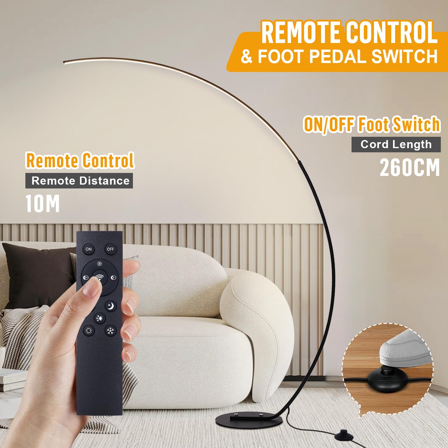 Lampada da Terra ad Arco LED, 25W Dimmerabile Piantana Salotto con Telecomando Magnetico, 2000Lm, Funzione Memoria, Lampada da Lettura Moderna per Soggiorno, Camera da Letto, Ufficio, Nero 165cm