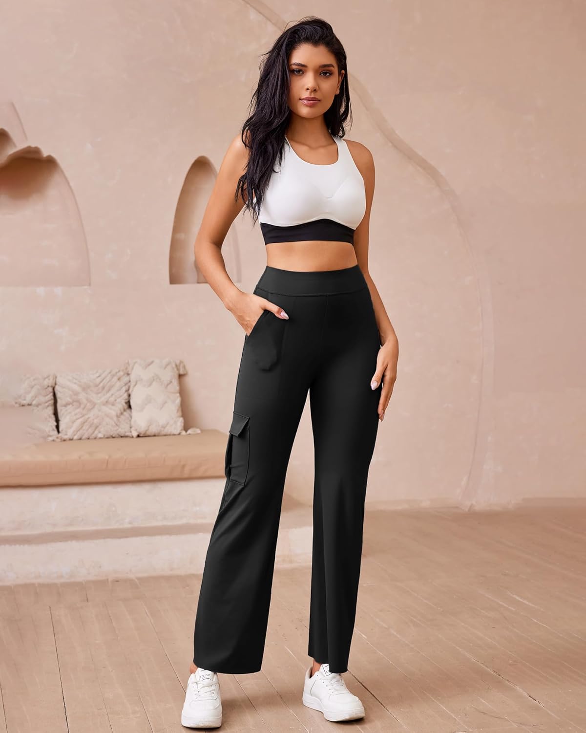 Women's Straight Leggings with Pocket No Front Seam Yoga Gym Cargo Pant High Waisted Tummy Control Soft Bootcut Pants - Image 3