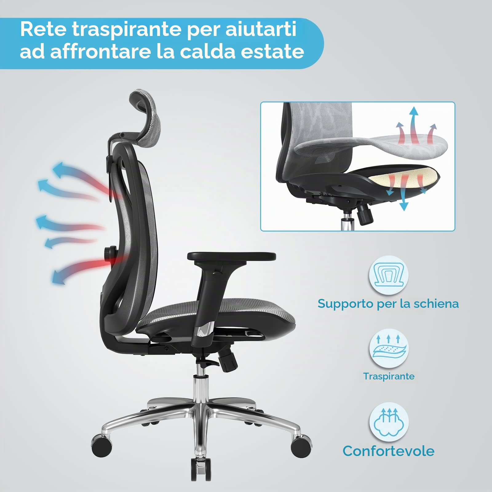 SIHOO M57 Sedia ergonomica da ufficio,design completamente traspirante,per computer,schienale alto,regolabile 3D,con braccioli e supporto lombare(Grigio)