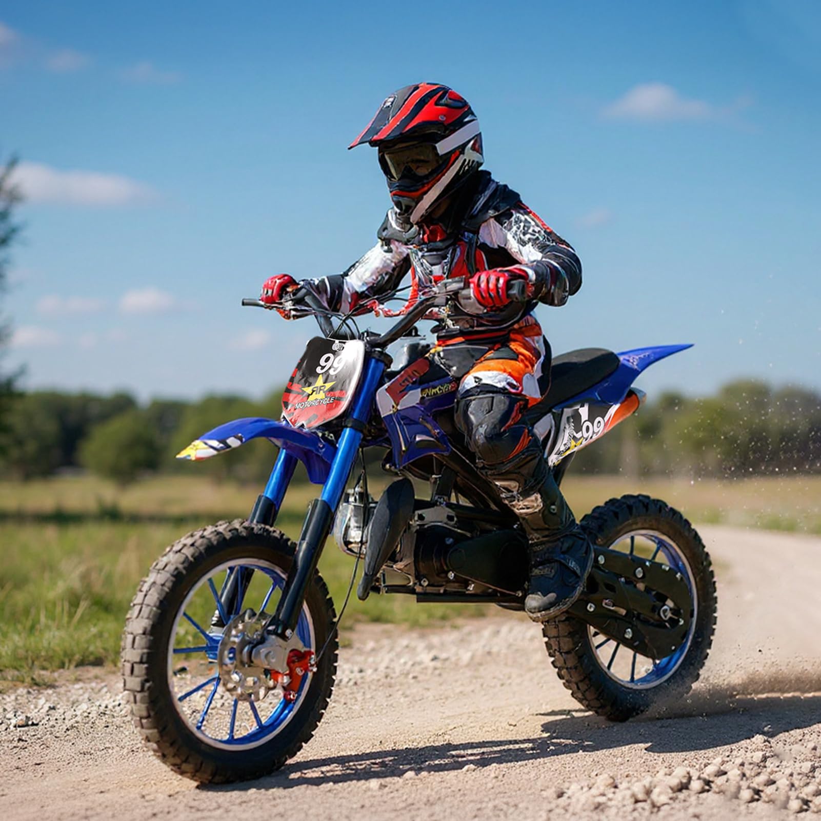 49cc Kids Dirt Bike, 2-Stroke Dirtbike, 40KM/H Gas Power Motocross, Off Road Mini Motorcycle with Front Rear Disc Brakes, Mini Dirt Bike for Kids 5-15 Years Old 5-star quality