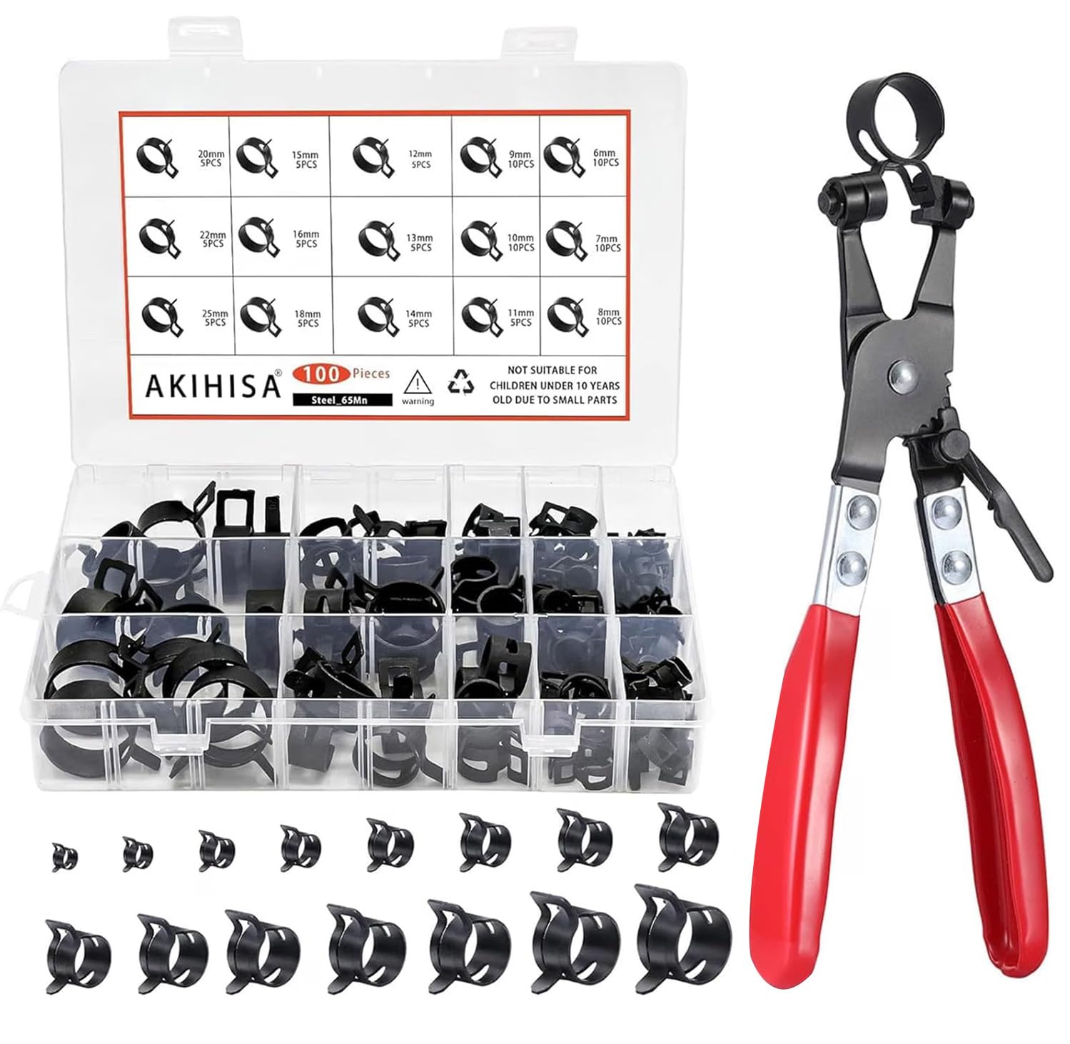 100PCS Spring Band Hose Clamps Assortment Kit 6-25mm with Hose Clamp Plier
