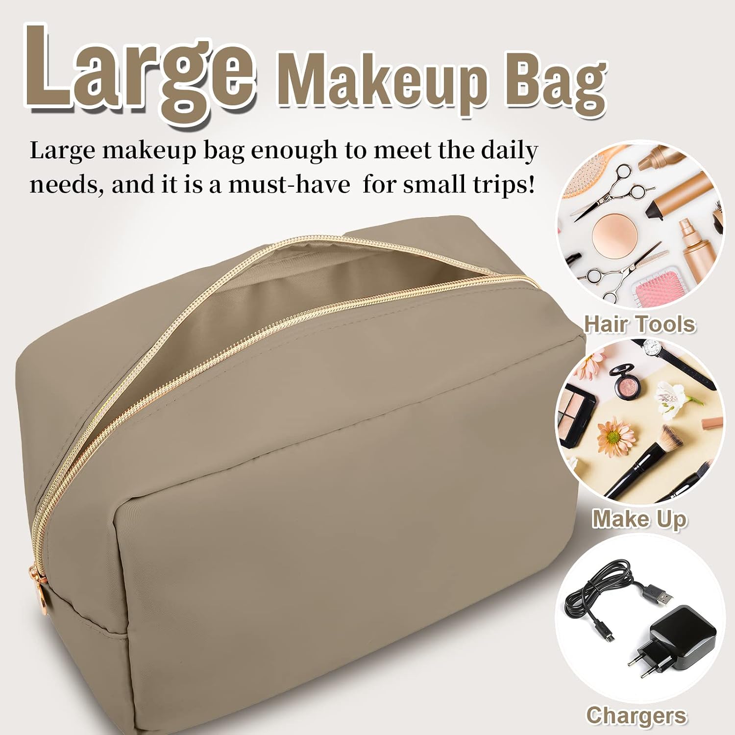 Nylon Large Makeup Bag Travel Pouch for Women, Preppy Big Makeup Bag Cute Cosmetic Zipper Pouch Purse, DIY Chenille Letter Bag Waterproof Toiletry Bag Clutch Make Up Organizer for Women Girls(Khaki) image 4