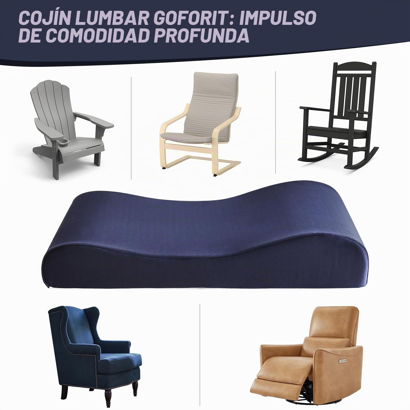 GOFORIT Cojín de espalda ergonómico para sillón reclinable y silla de columpio - 68 cm extra alto, suave cojín 2en1 para el cuello y la zona lumbar, antideslizante, funda lavable, para sofá y silla de