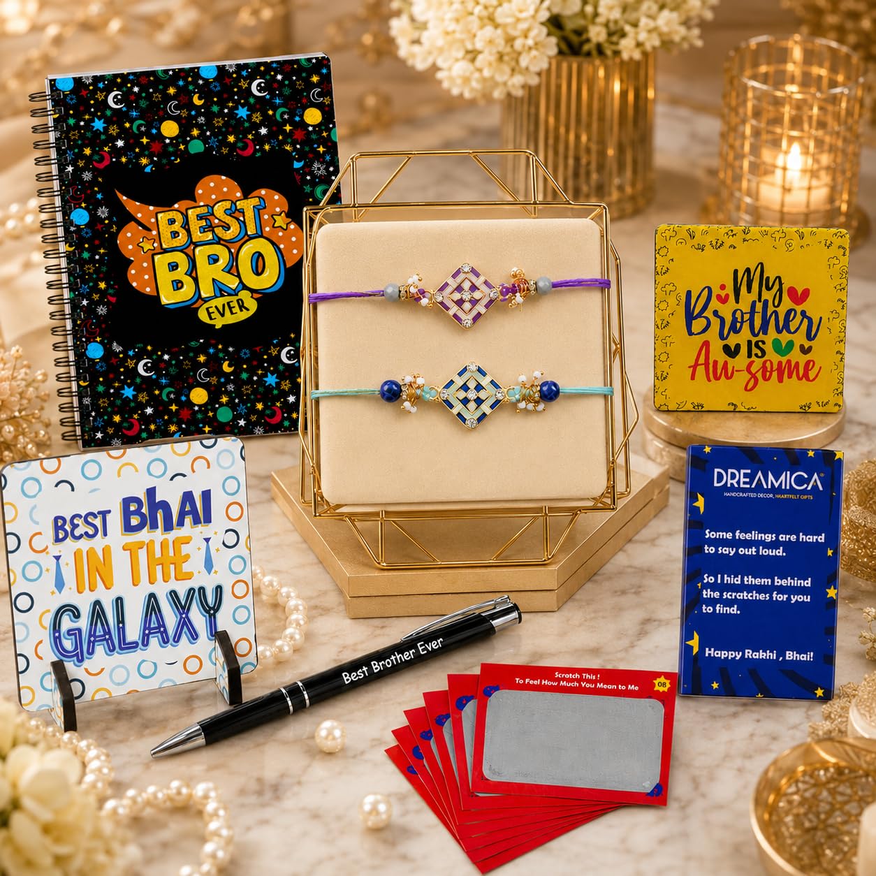 Dreamica Designer Set of 2 Rakhi, Best Bro Diary, Fridge Magnet,Set of 8 Scratch Cards, Standee Showpiece, Pen, Greeting Card and Tilak Set | Best Rakhi Gift for Brother