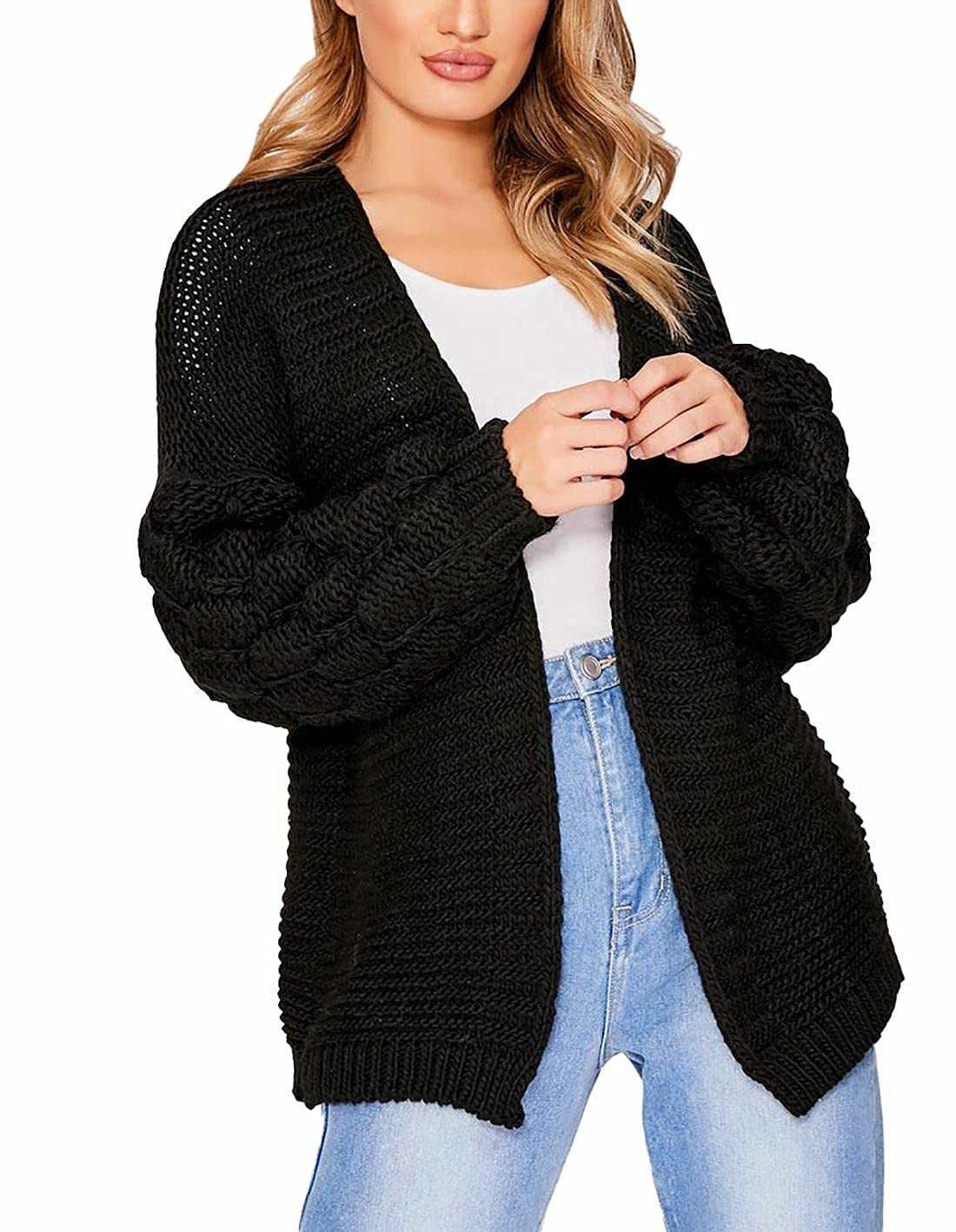 Trendyfashion Women's Black Chunky Knitted Oversized Baggy Bobble Sleeve Open Cardigan