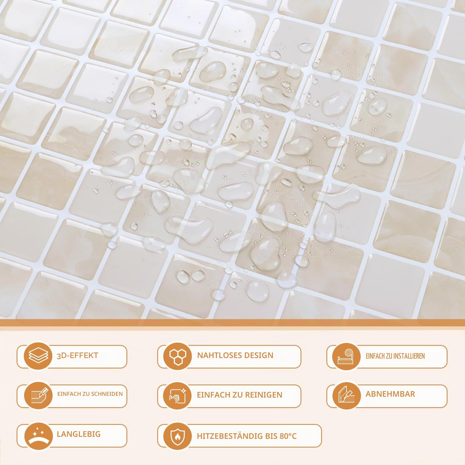 CRE8TIVE Beige Mosaik Selbstklebende Fliesen 16 Stücke Fliesenaufkleber Bad Wasserfest Marmor Klebefliesen Küche Küchenrückwand Selbstklebend Wandfliesen Selbstklebend für Waschküche 30.5cm x 30.5cm
