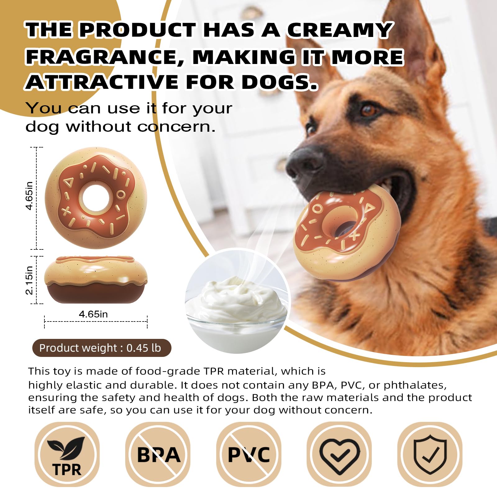 Hunde-Kauspielzeug für aggressive Kauer, unzerstörbar, robust und langlebig, quietschend und mit Cremegeschmack, interaktives Hundespielzeug für mittelgroße bis große Hunde, Donuts, Gummi,