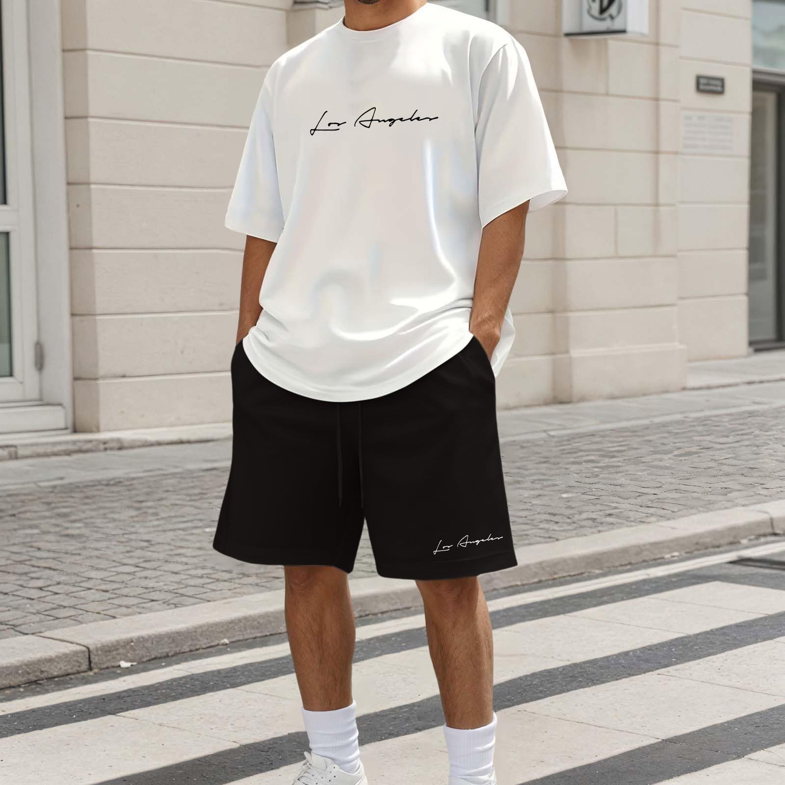 Generico Due Pezzi Tuta Uomo Estiva LOS ANGELES Firmate Completo Girocollo Camicia e Pantaloni Corti Coordinato Set di Sportivo Moda Casual Comoda Tute Per Jogging Palestra Vacanza