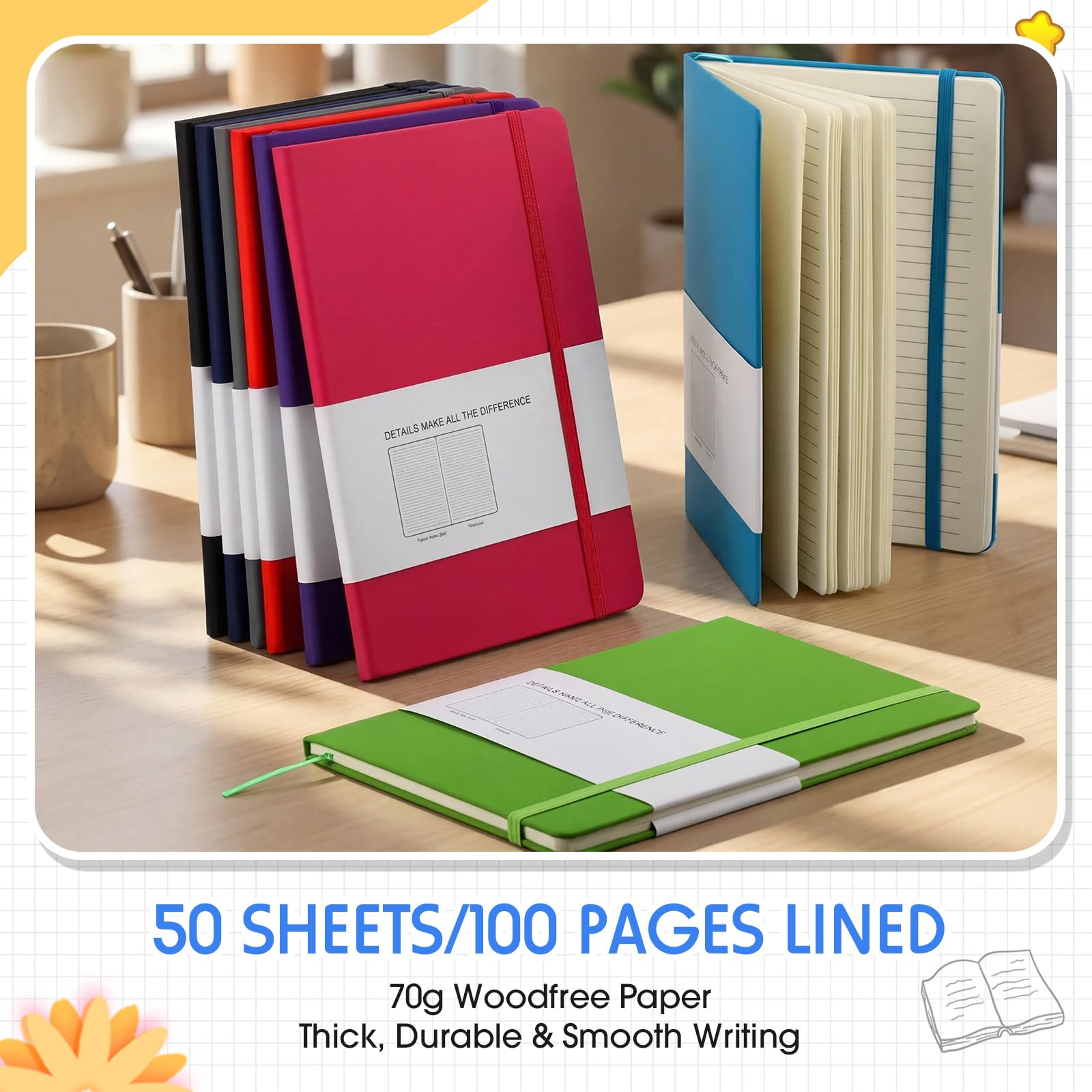 Chiisong Notizbuch, A5, liniert, 14 x 21 cm, PU-Leder, Hardcover, 50 Blatt, 70 g/m², liniert, mit Stifthalter, für Schule, Geschäft, Arbeit, Schreiben