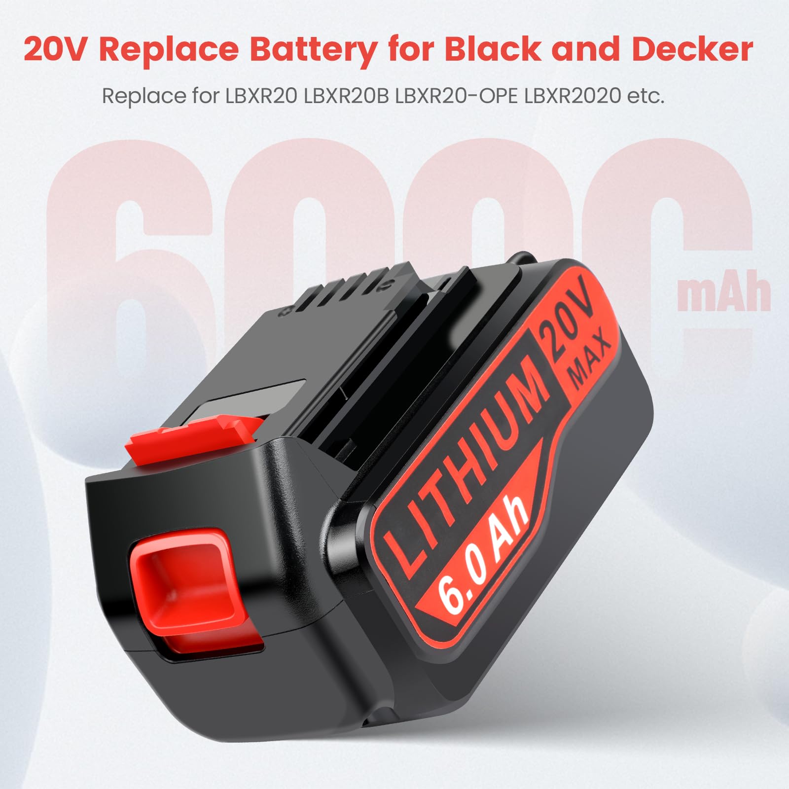 Djsanu Batterie de remplacement pour Black+Decker LBX4020, 20 V max 6000 mAh, batterie de rechange au lithium 20 V pour LBXR20 LBXR20B LBXR2020, compatible avec les outils électriques sans fil et
