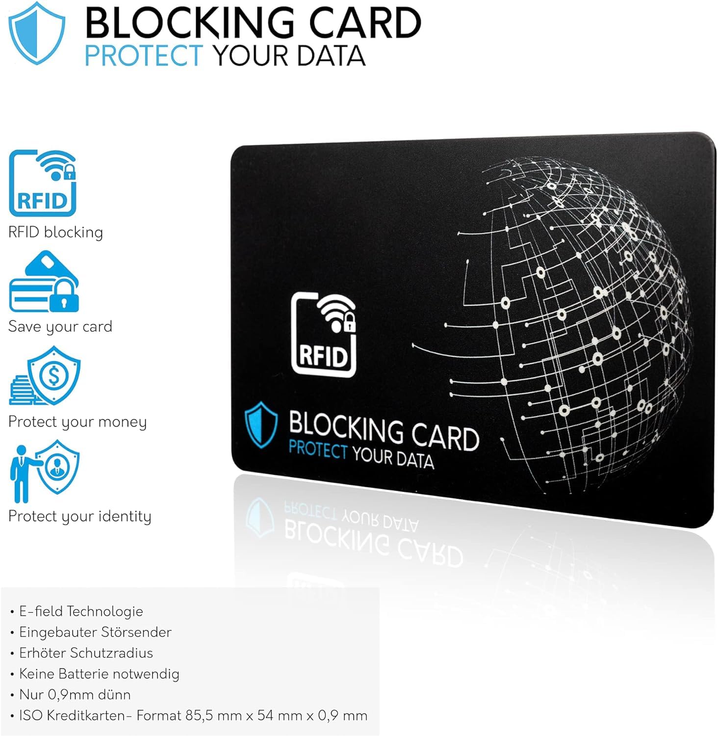 Tarjeta bloqueadora RFID Probada por DEKRA con la última tecnología de interferencias de Campos electrónicos, para Proteger contra el Robo de Datos. Tarjeta Extra Fina de 0,8 mm para Cada Billetera.