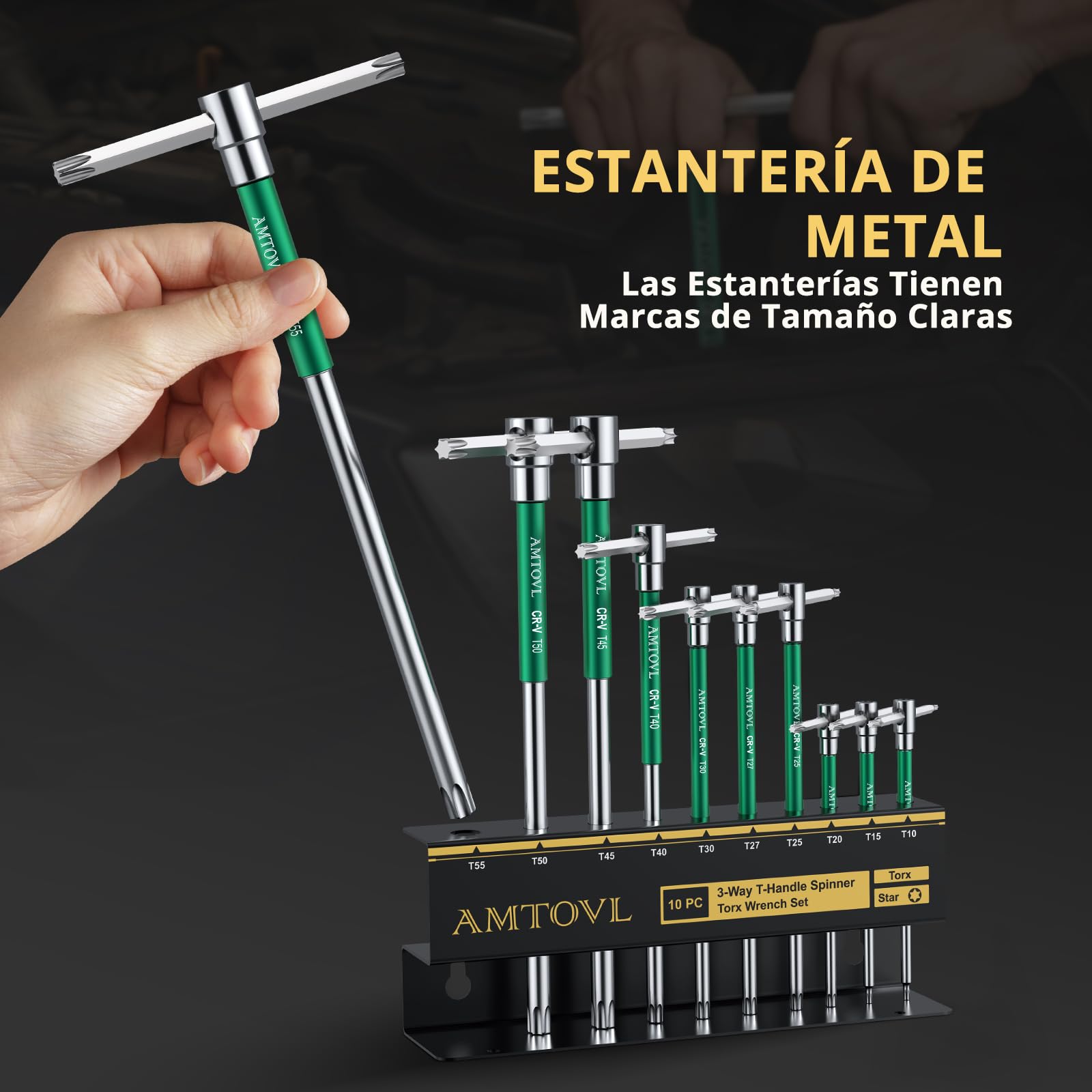 AMTOVL Juego de 10 Llaves Torx con Mango en T, T10-T55 para Reparación de automóviles y Bicicletas,Juego de 10 Piezas con Caja de Almacenamiento