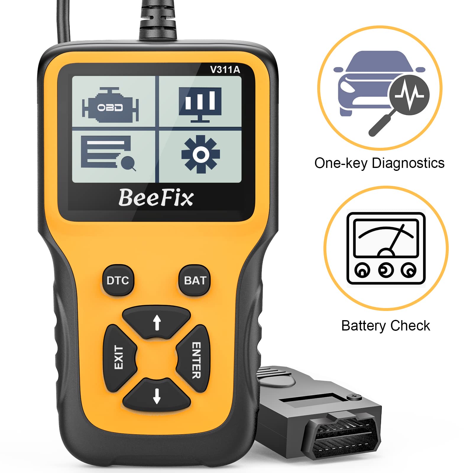 Beefix OBD2 diagnostic device, car OBD adapter scan tool, car engine error code scanner for European OBD II protocols after 2000, one-button diagnosis, check the battery voltage, real-time curve
