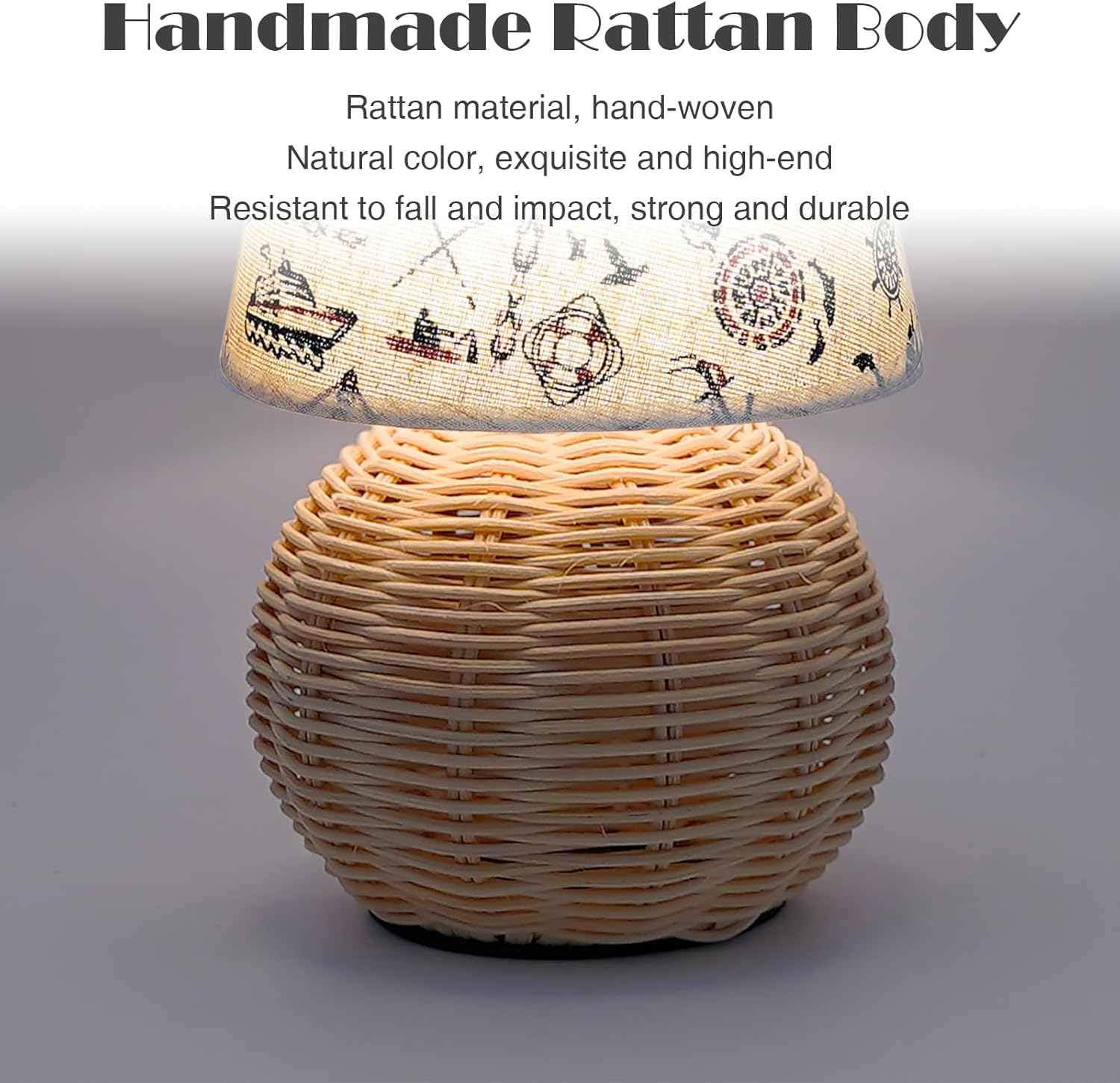 Vintage Small Wicker Lamp, Rattan Body Fabric Lampshade, Adjustable Light Color and Brightness with Power-Off Memory, Safe USB Powered, Boho Style Night Light for Bedroom Living Room (Voyage)