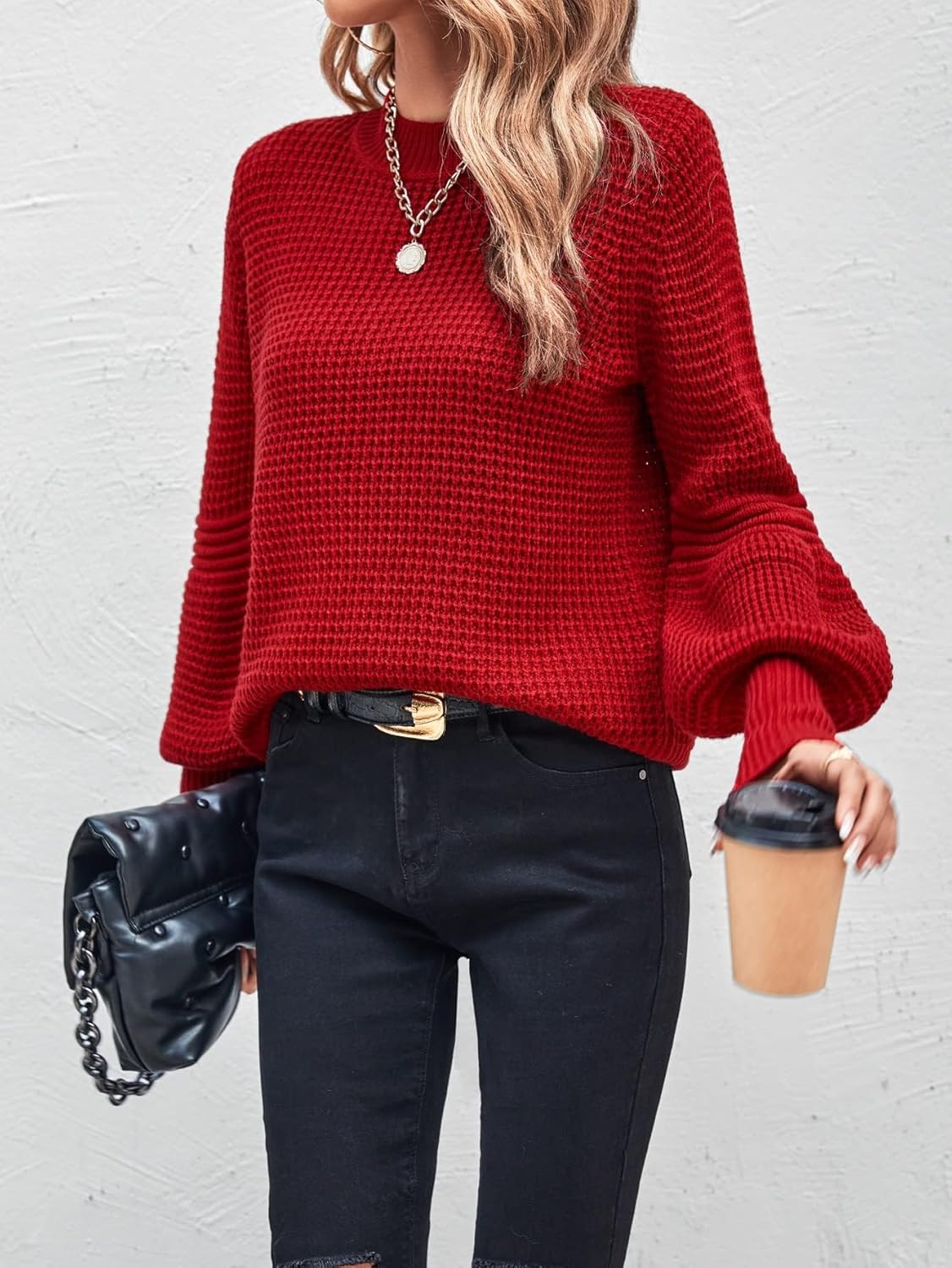 BEDAW Women's Sweater Mock Neck Lantern Sleeve Sweater Sweater for Women (Color : Burgundy, Size : Small)