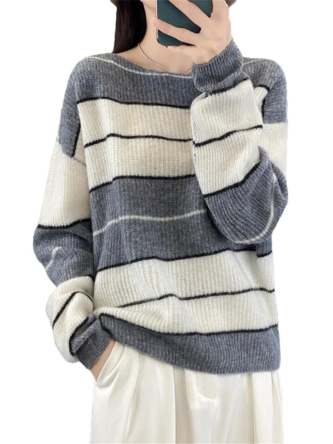 Vogrtcc Damski sweter z długim rękawem oversize sweter wełniany w paski na co dzień kaszmirowa dzianina