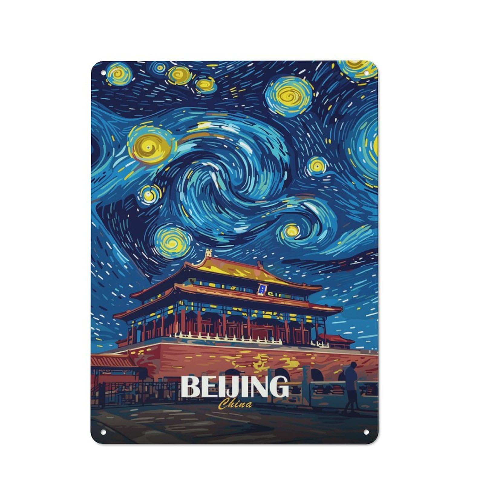 Junmoney Style-13 Cottage Style Beijing China Starry Night Art Decorative Tin Sign 40X30cm, Rustic Kitchen Decor For Kitchen, Cottage, Porch Or Garden Room