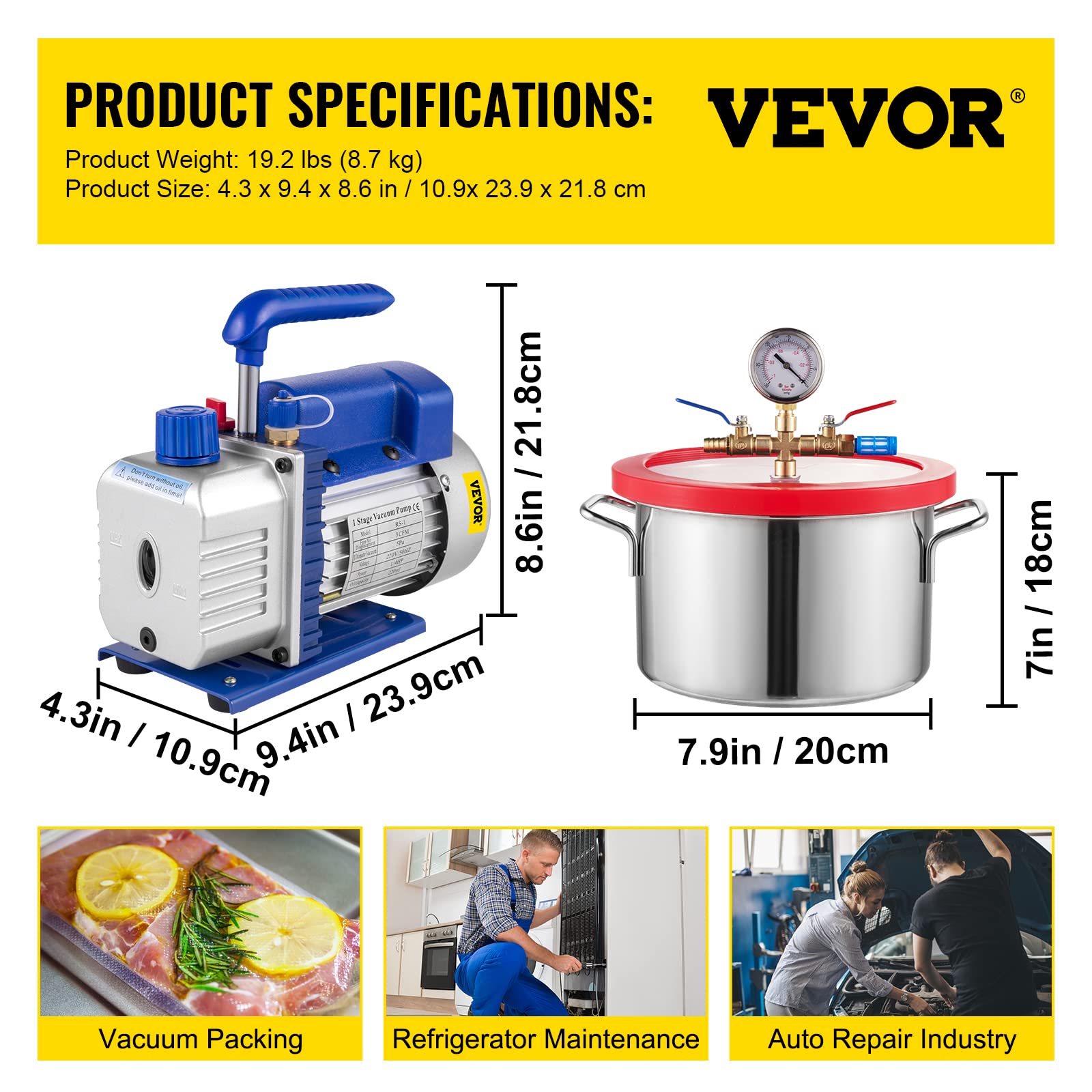 VEVOR 1.5 Gallon 3CFM 1/4HP Vacuum Chamber, Refrigerant Vacuum Pump