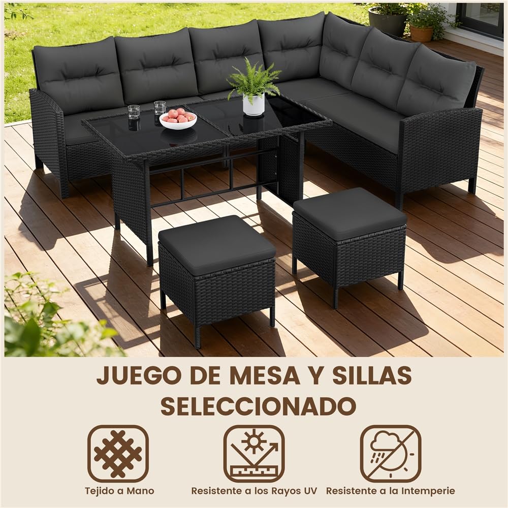 Yaheetech Juego de Muebles de Jardín 4 Piezas, Sofás de Ratán para Exterior con Mesa de Vidrio Templado Mesa y Sillas para Balcón Terraza Patio, Negro/Gris — view 9