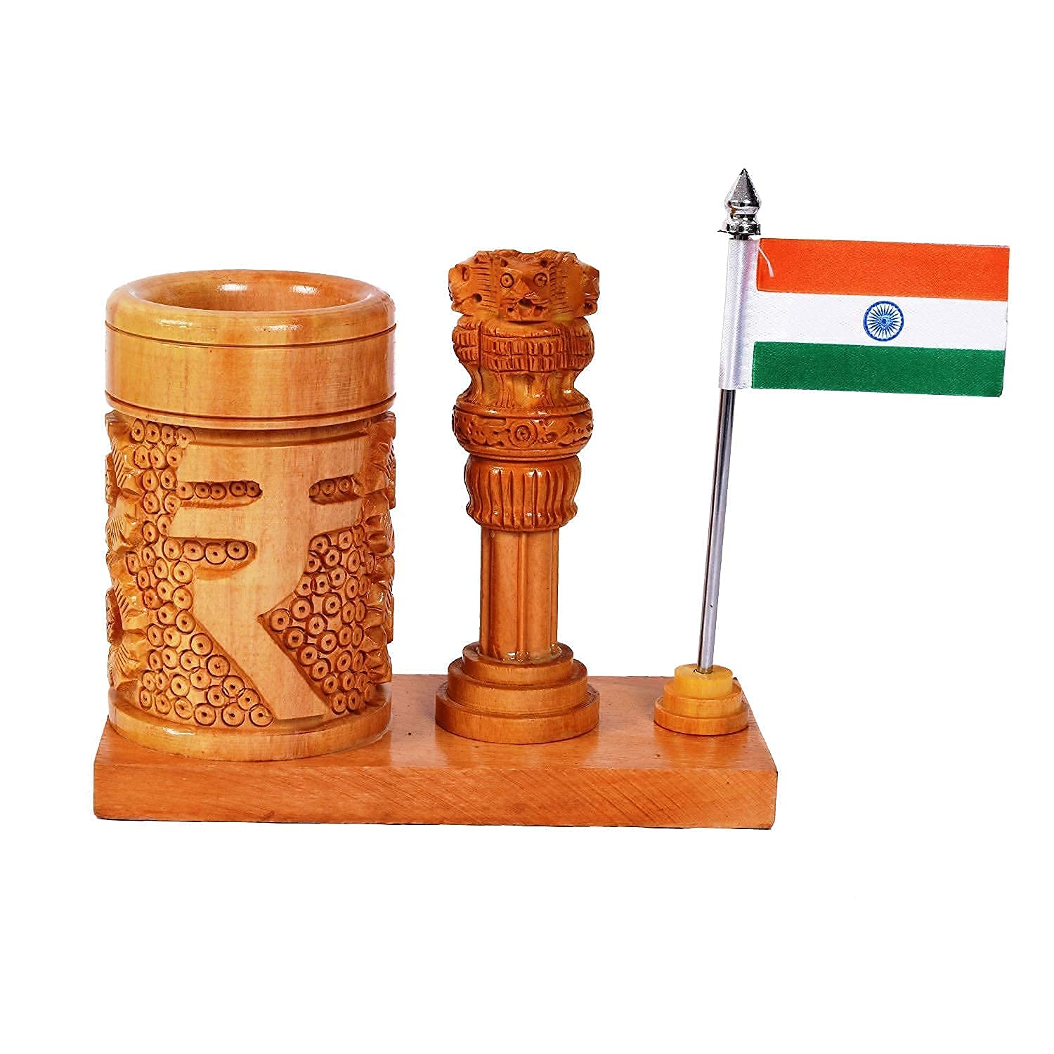 Khamma Ghanni Handicraft Wooden Craved Rupee Design Pen Holder For Your Office Table I Living Room I Teachers Day Gift I Pen Stand I Pen/ Pencil Hooks I Desk Organizer I Showpiece Items I Study Table I Showcase