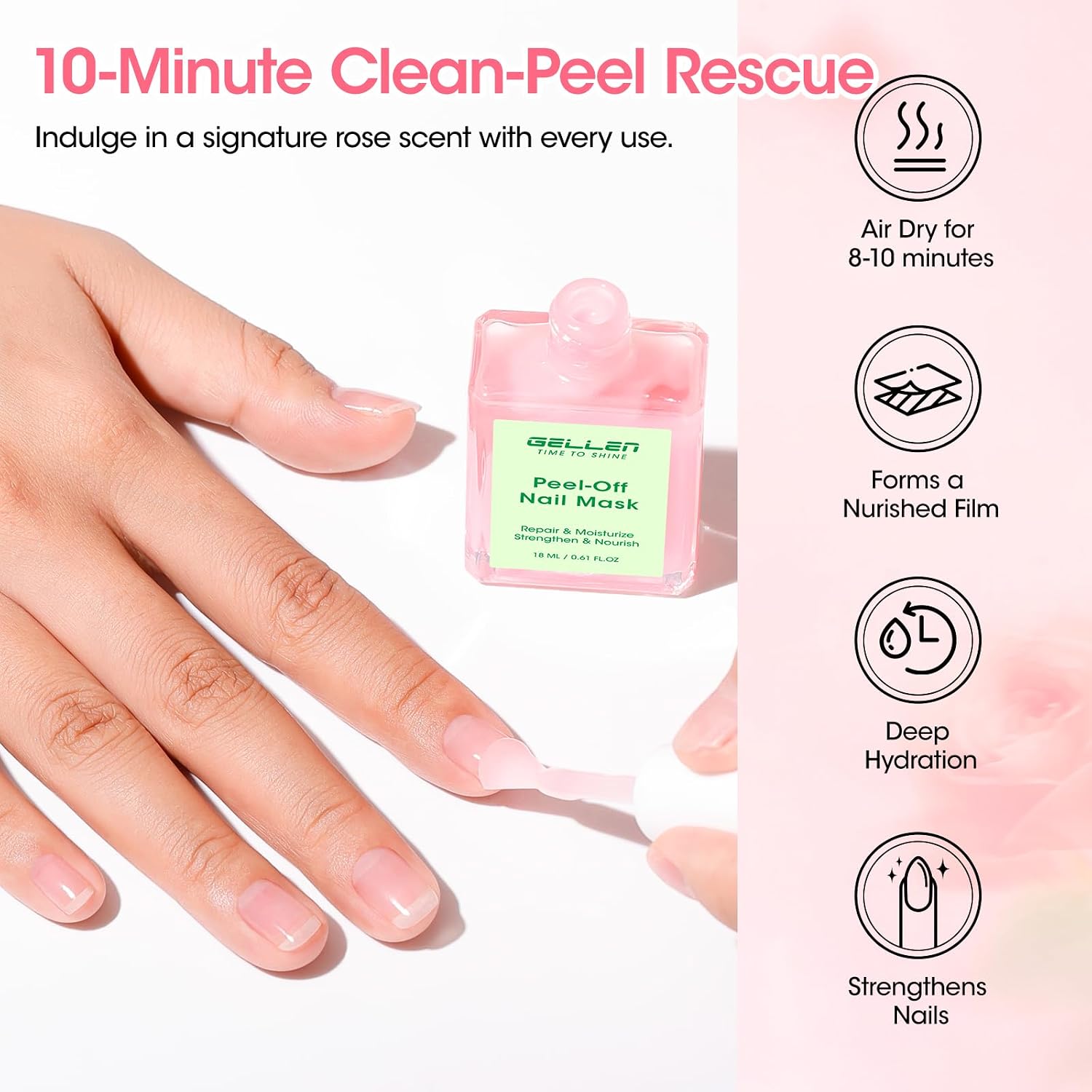 GELLEN Peelable Nail Strengthener Mask, Air Dry Peel-Off Nail Mask for Nail Strengthener and Growth, Nail Repair Masque for Damaged Weak Thin Nails, Natural Nail Treatment, Rose Scent