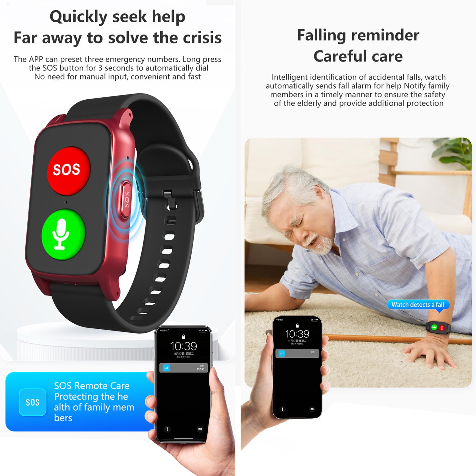Allarme Anticaduta per Anziani, Orologio Intelligente GPS Con Rilevamento Cadute, SOS E Monitoraggio Della Salute, Supporto Sim, Chiamata Bidirezionale, Regali per Anziani, Pazienti Autistici Black