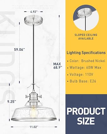 kudos 11 Brushed Nickel Seeded Glass Pendant Light, KDPL13-BN-S
