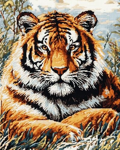 AxiangziK DIY Cross Stitch Embroidery Kit 12x16in,Tiger in the Grass Pre Printed Counted Cross Stitch Patterns,11CT Handmade Cushion Needlework Kit for Home Decoration & Gift