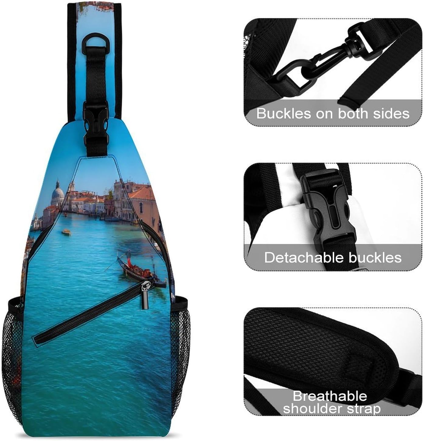 Venice Italy Boats Gondolas Men Crossbody Sling Backpack Chest Bag | Travel Fanny Pack,Hiking Daypack,Print Shoulder Bags