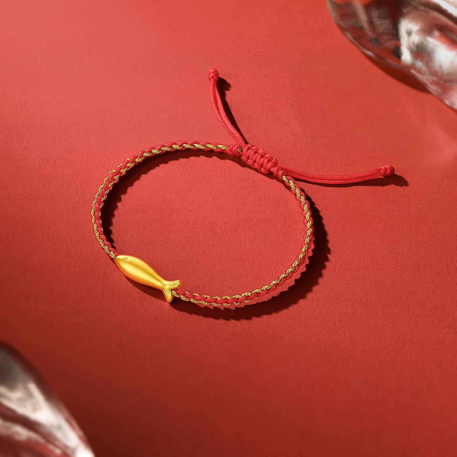 24K Solid Gold Bracelet Goldfish Charm Red Bracelet for Women Mom Daughter Trendy Jewelry A1712895