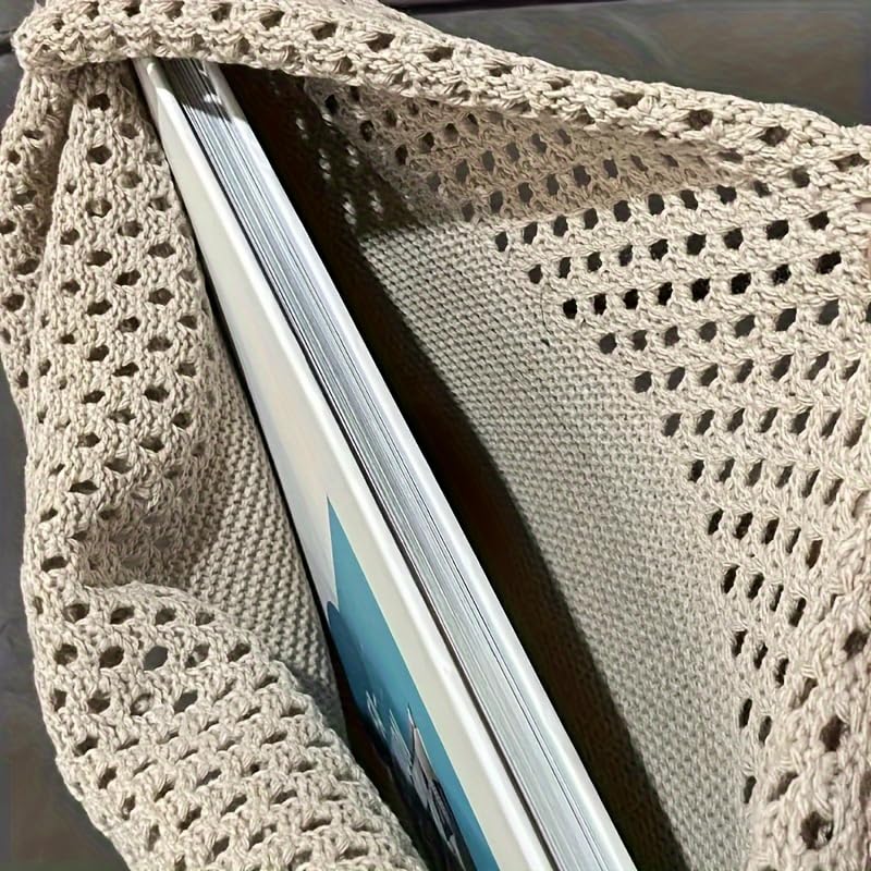 Bolso tote tejido a crochet en malla beige para mujer, estilo bohemio, para playa miniatura 2