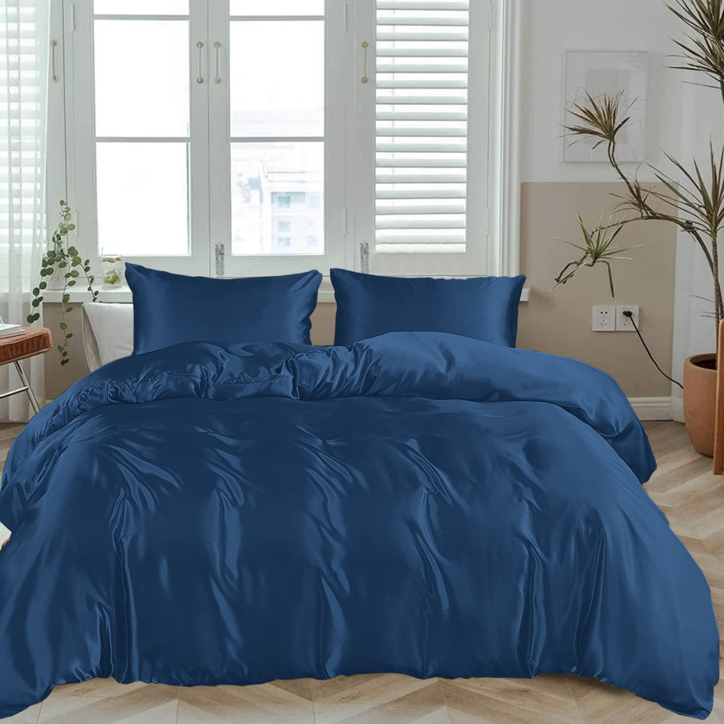 Linenwalas 100% Vegan Bamboo Silk Only Duvet Cover with Zipper and Corner Ties,Natural Soft and Light-Weight, Best for Delicate Skin, Breathable, 90x100 (Double, Navy Blue)-image-47