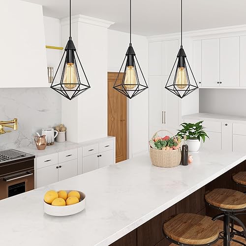 Miniatura 2 de DWVO Paquete de 2 lámparas colgantes, jaula de hierro de granja, línea de metal, lámpara de techo colgante con soporte para lámpara E26, adecuado