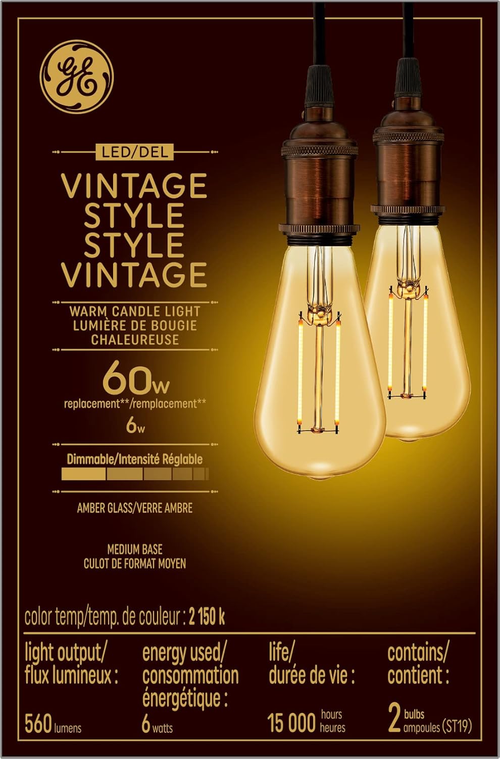 GE Vintage Warm Candle Light 60W Replacement LED Amber Finish Straight