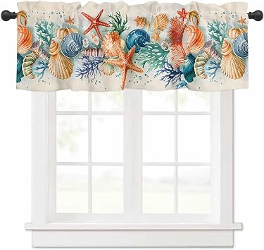 Coastal Valances for Windows, Summer Beach Nautical Kitchen Curtains Window Treatment Decor, Ocean Starfish Coral Shell Rod Pocket Short Window Valances for Living Room/Bedroom, 42" x 12"