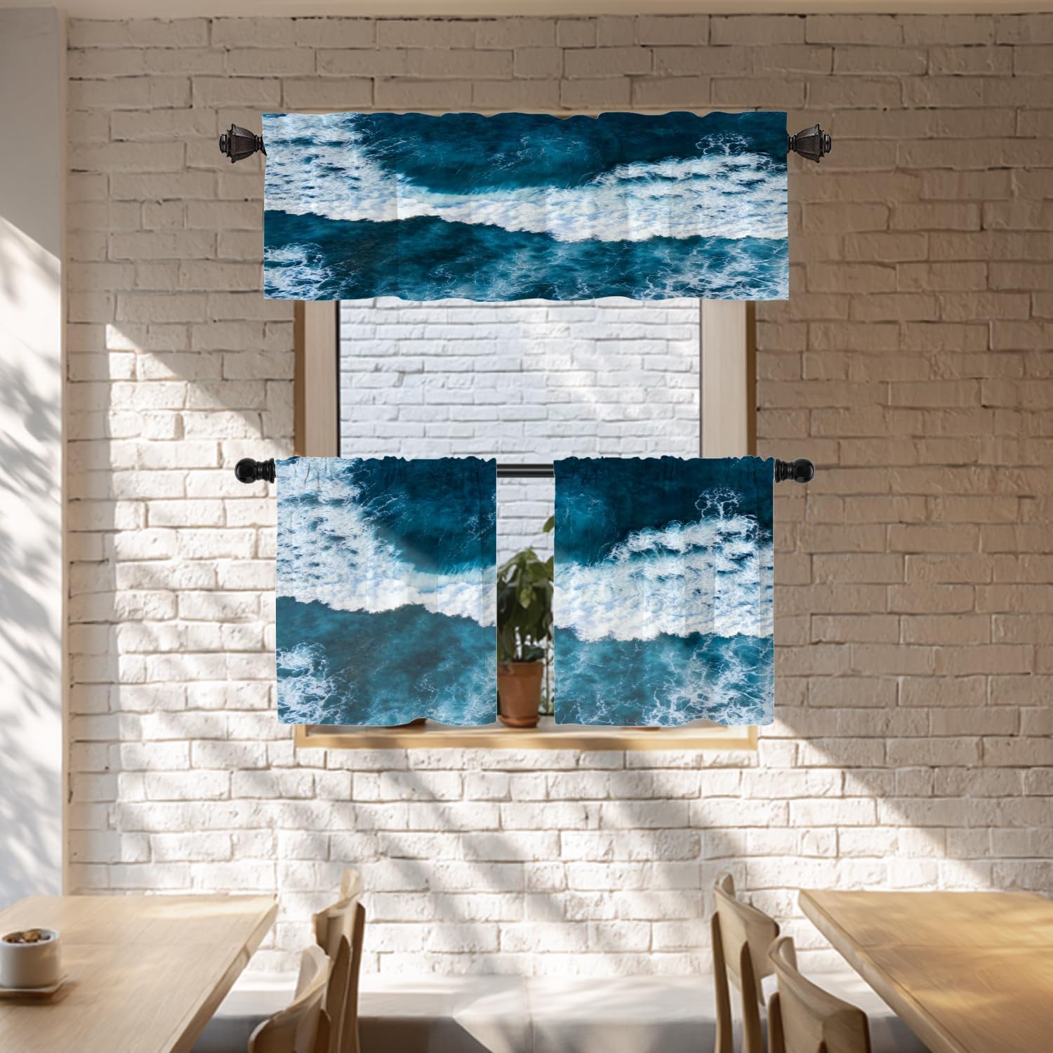 Batmerry Ocean Wave Blue Earth Sea Kitchen Valances Half Window Curtain, Ocean Waves Patterns Kitchen Tiers for Windows Bedroom Heat Insulated Drapes for Home Decor Reducing The Light,Set of 2