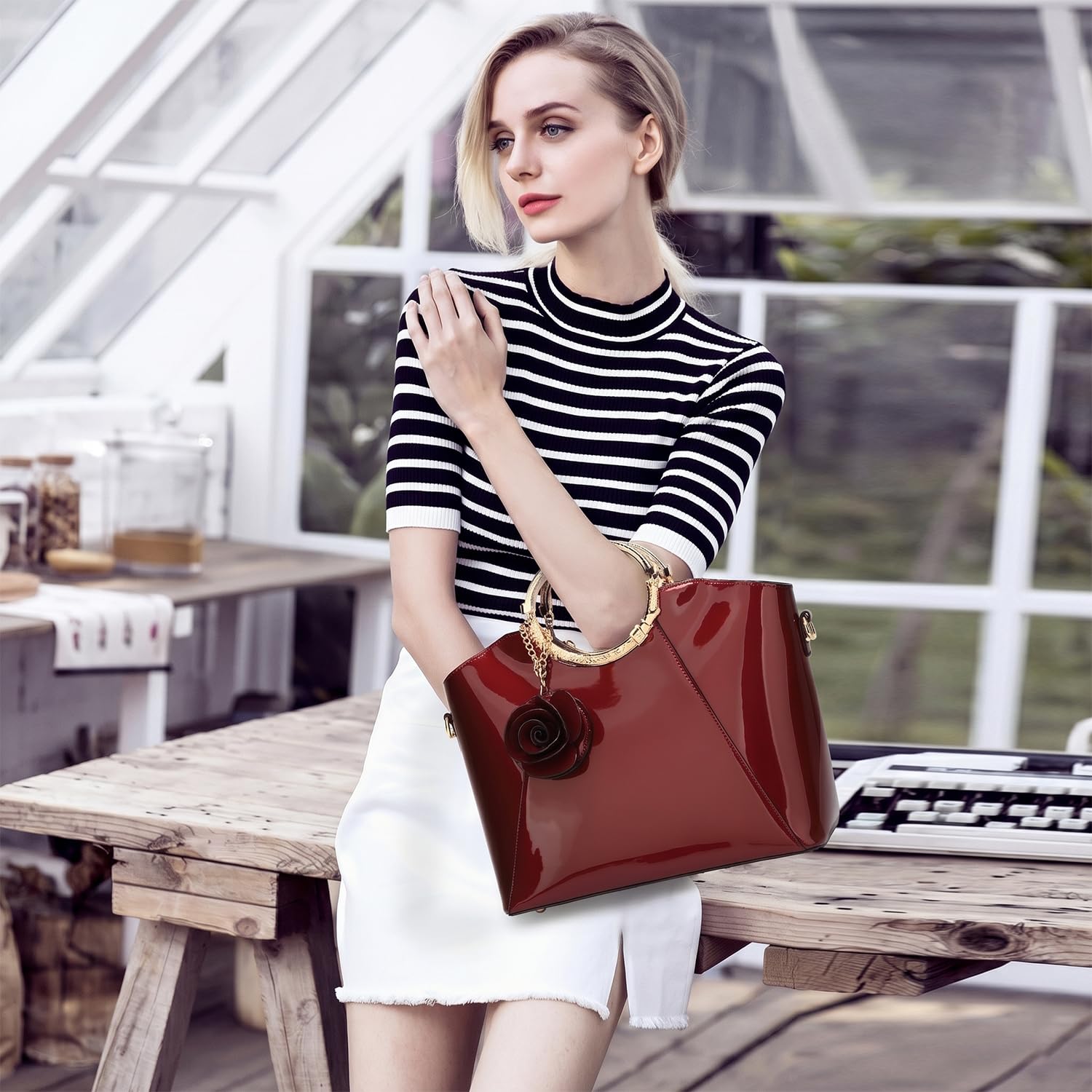 Bolsos de Mano con Bandolera para Mujer Bolso de Hombro Bolsos Bandolera Bolso de señora en Cuero de Patente de PUpara Mamá Rojo