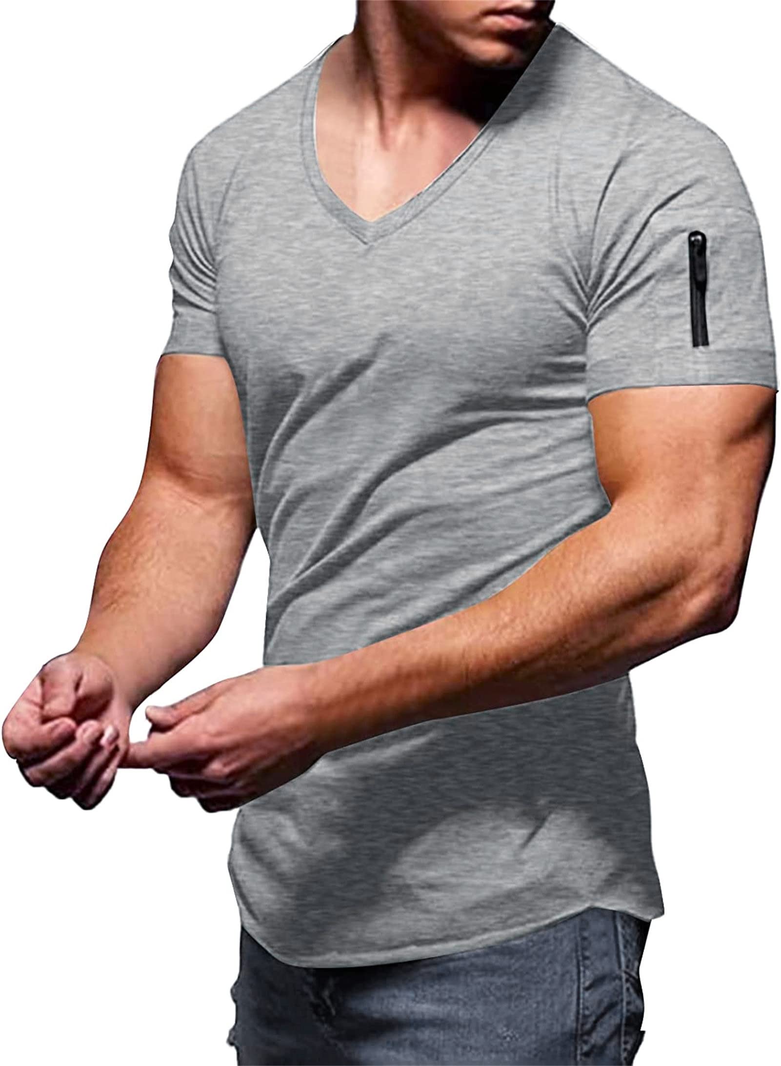 Maiyifu-GJ Men's Muscle Workout V Neck Tee Athletic Bodybuilding Short Sleeve Shirts Stretch Slim Fit T Shirts with Zipper (Light Grey,Medium)
