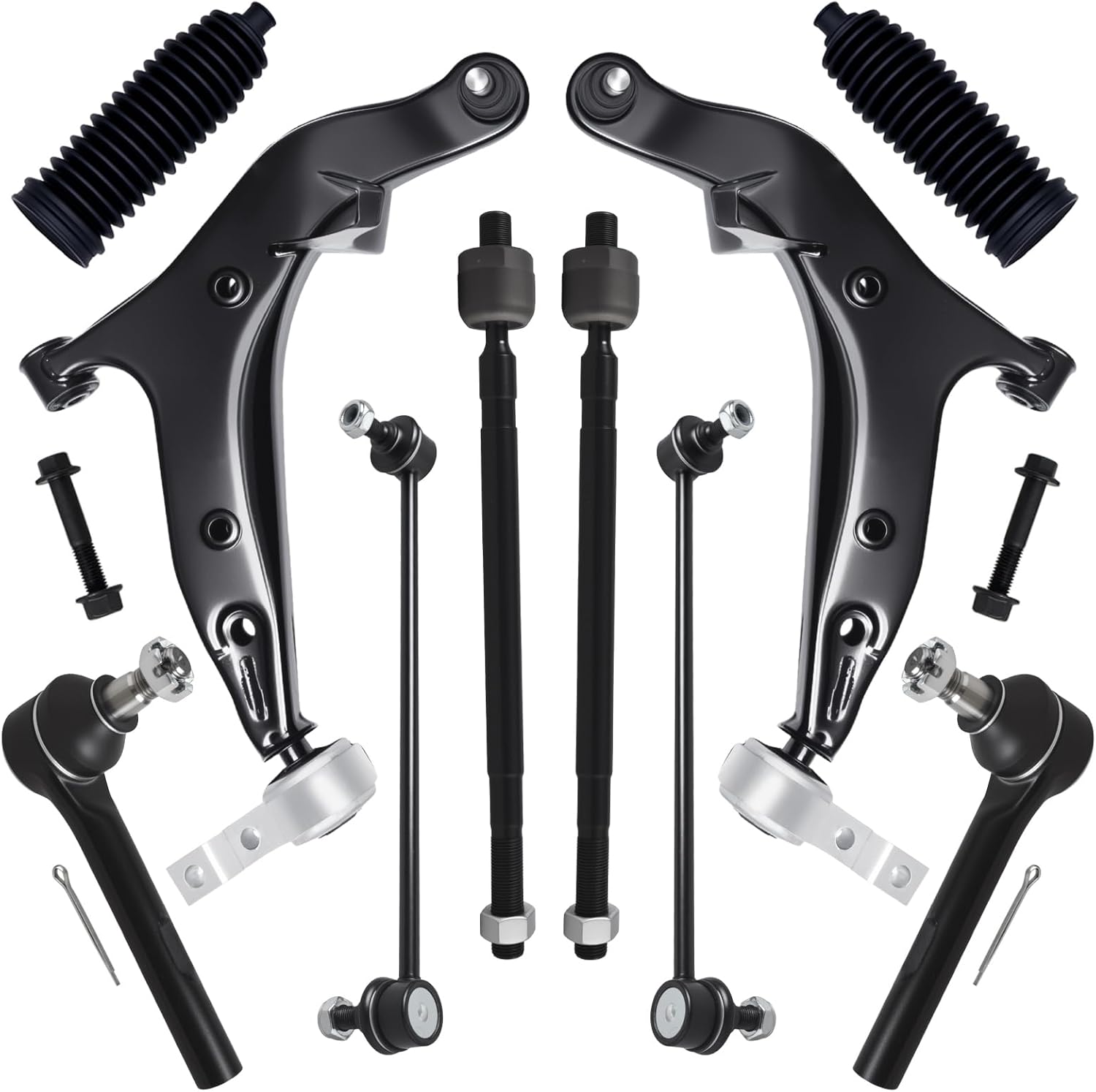 AUQDD 10Pc Front End Suspension Kit Fit For 2004-2009 Ni-ssan Quest, 2 Lower Control Arm w/Ball Joint 2 Sway Bar Link 4 Outer & Inner Tie Rod End (# K620560 K620561 K80255 K80256 EV800227 ES800404)