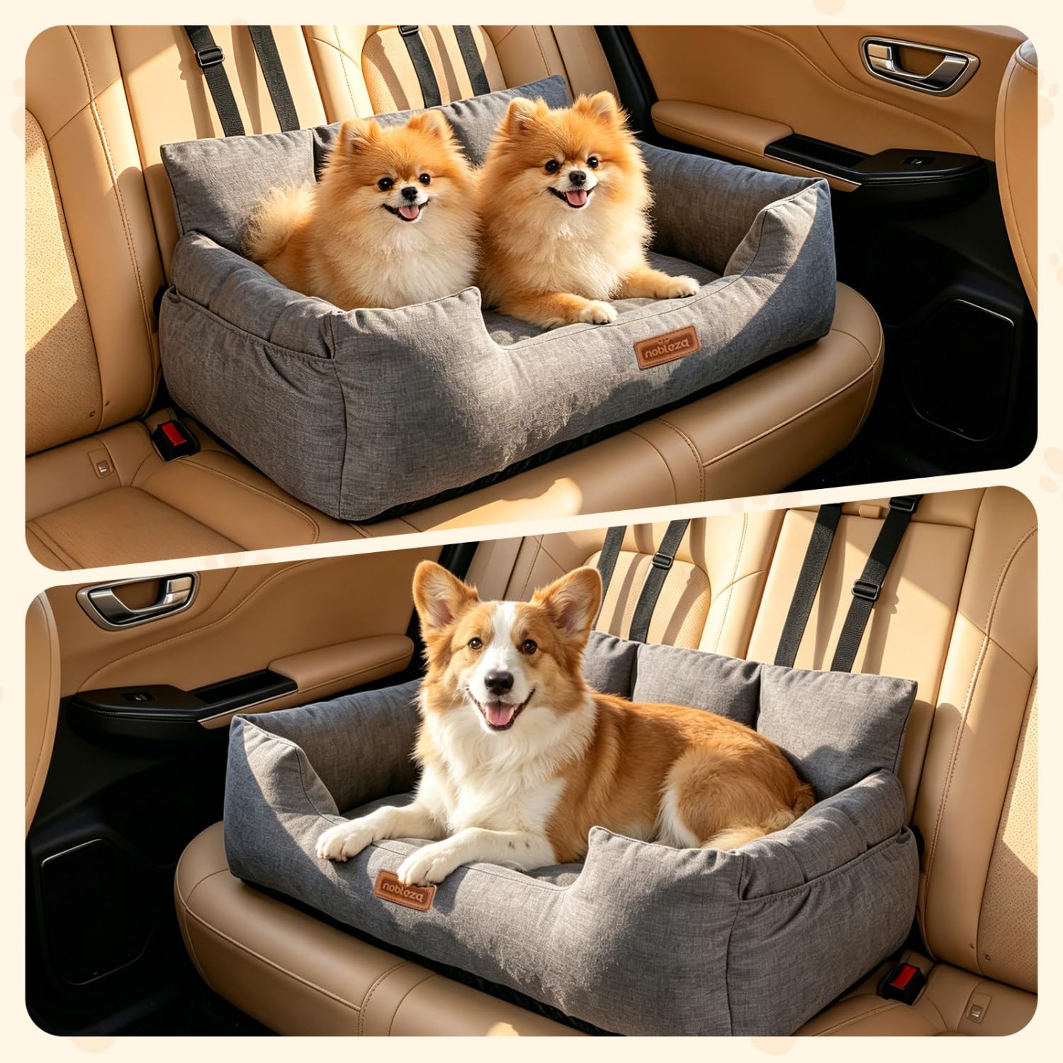 Nobleza - Hunde Autositz für Mittelgroße und Große Hunde, Abnehmbarer und Waschbarer Auto Reise Hundebett mit Staufächern und 2 Sicherheitsgurt, L92*W50*H40cm, Gris