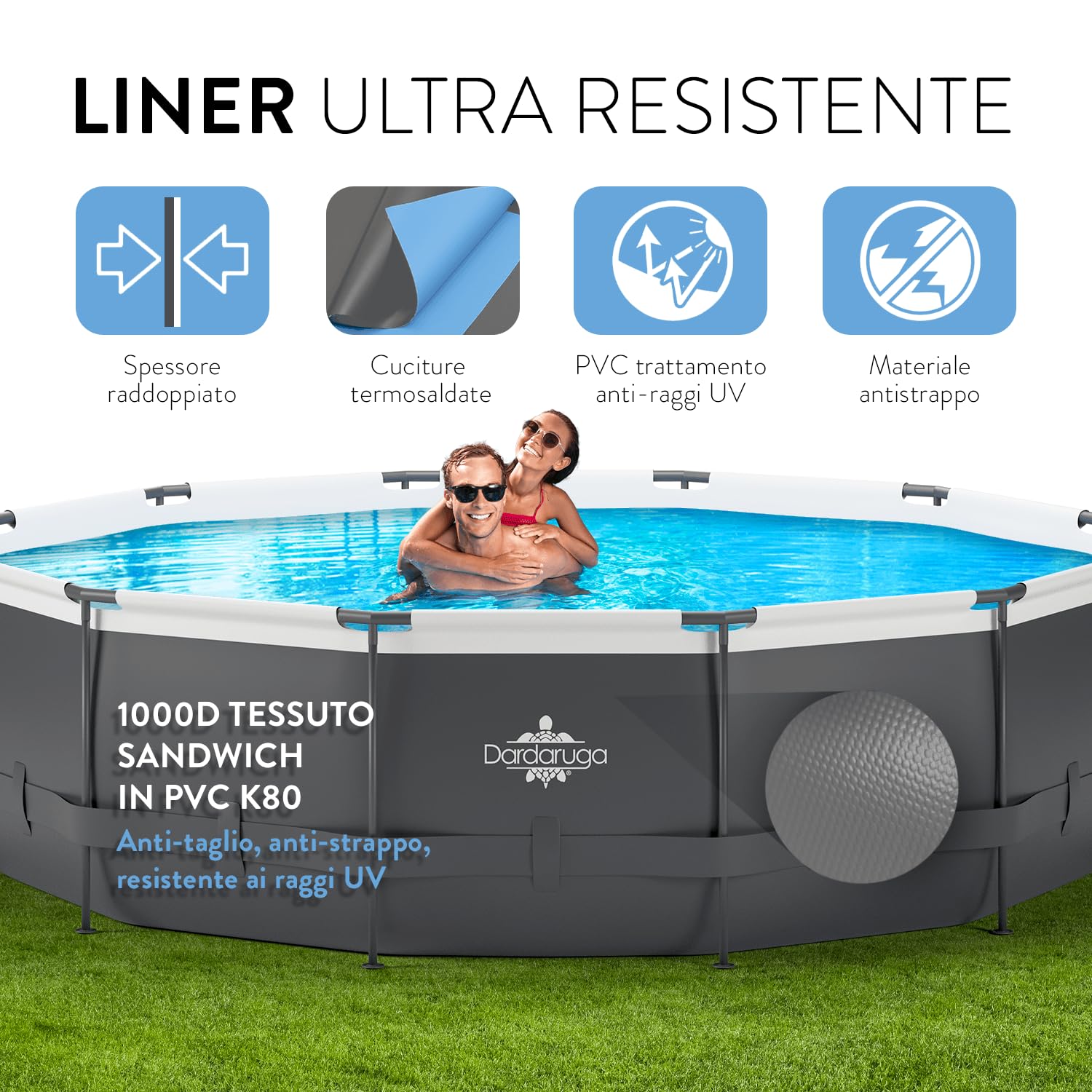 Piscina Fuori Terra Dardaruga Ø 488 x 132 cm | Mod. MAUI (2026) | Marchio Italiano | Scala + Copertura + Telo Base + Pompa Filtro Energy Saver | Materiali PREMIUM | Garanzia e Assistenza ITALIA