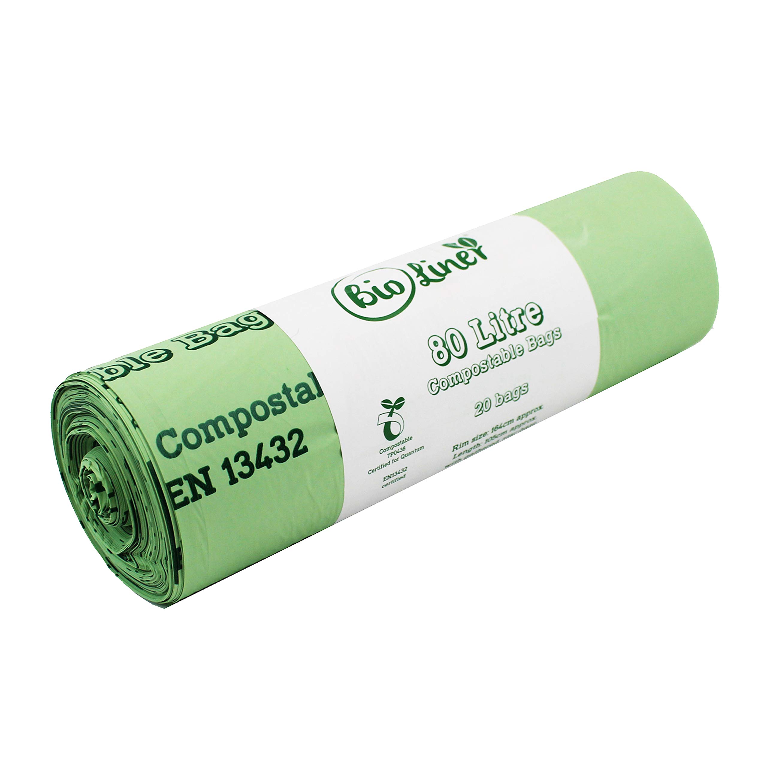 Bioliner 80L Compostable Bin Liners - Green Cornstarch Bags - 20 Bags Per Roll