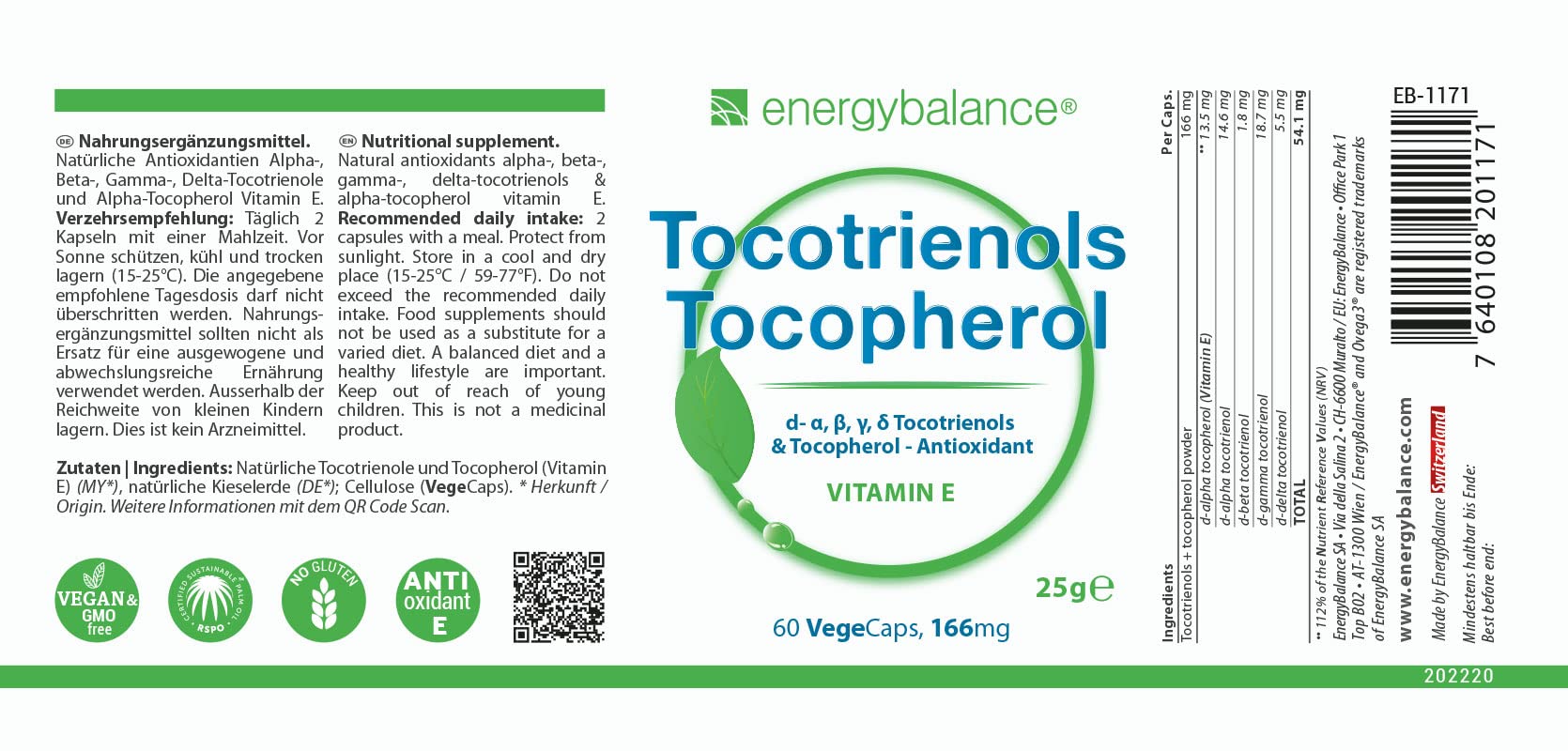 EnergyBalance Tocotrienol alpha-gamma - 4 Tocopherole in 1 Kapseln mit Antioxidantien - Natürlicher Vitamin E Komplex - Vegan, ohne Zusätze - 60 VegeCaps à 54,1mg