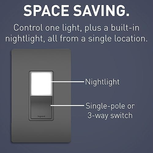 Miniatura 2 de Legrand Radiant NTL873BKCC6 - Luz nocturna LED ajustable de 15 amperios e interruptor basculante decorativo de 3 vías para pasillos o dormitorios de