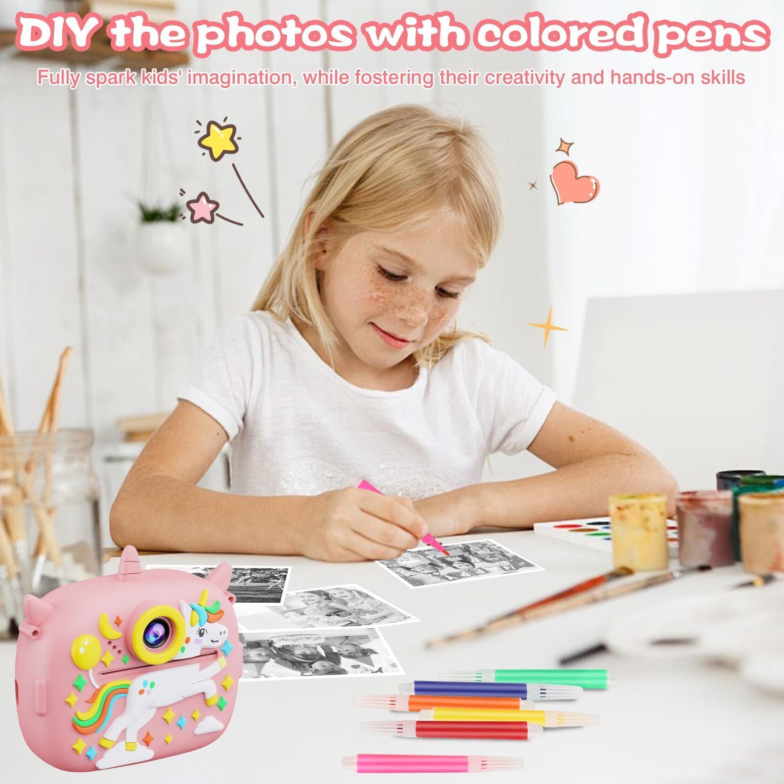 Appareil Photo Instantané, 2,4" Écran Appareil Photo Instantané Enfant a Carte 32G/4 Rouleaux Papier/6 Stylos Colorés, 1080P, pour Enfant 3-12Ans - Selfie/Photo(Rose)