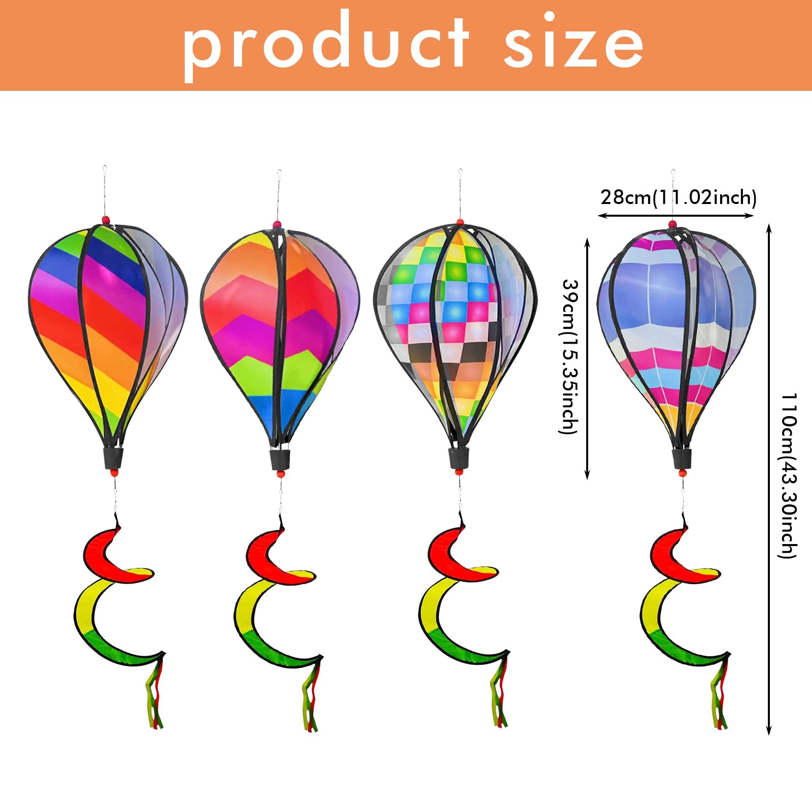 Set di 4 scacciapensieri con decorazione a mongolfiera, 110 cm, con telaio in PVC, resistente ai raggi UV, per terrazze e balconi